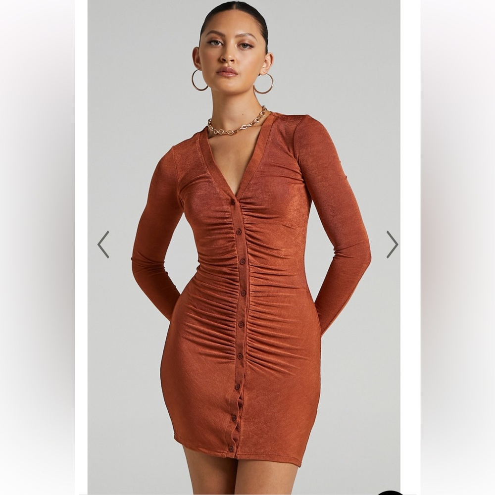 Copper Ruched Long Sleeve Dress in Excellent Condition
